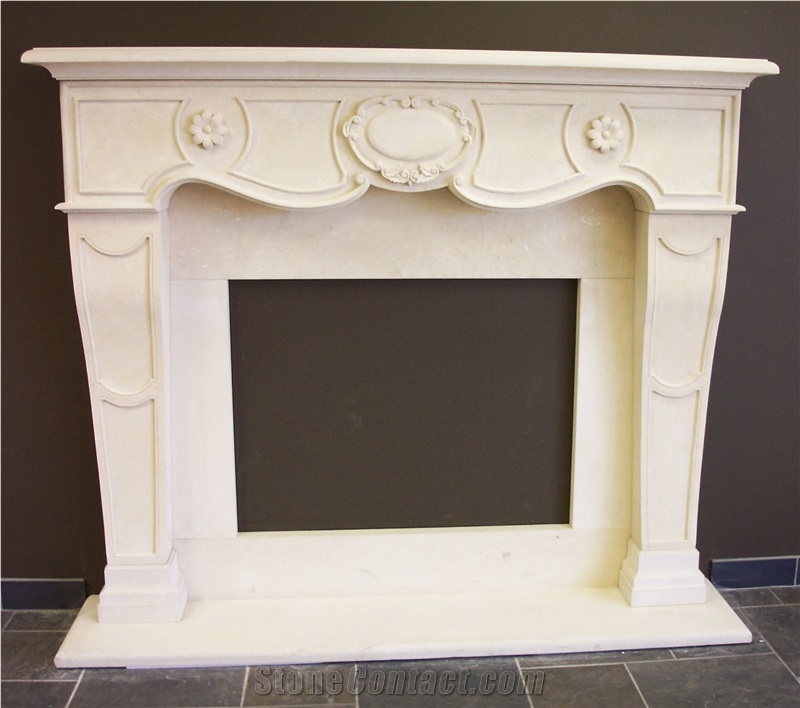 Beige Limestone Flower Carving Villa Furniture Fireplace Mantel with Column Sculptured Design