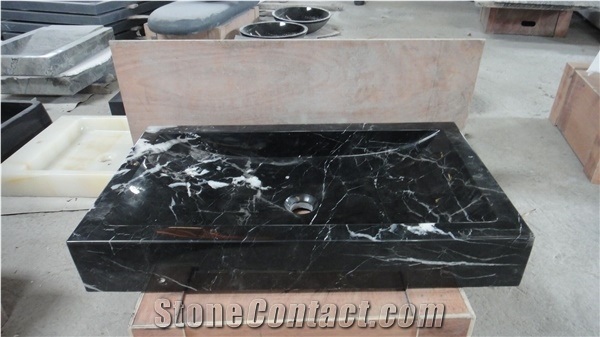 China Nero Marquina Marble Vessel Sink,Oriental Black Rectangle Basin