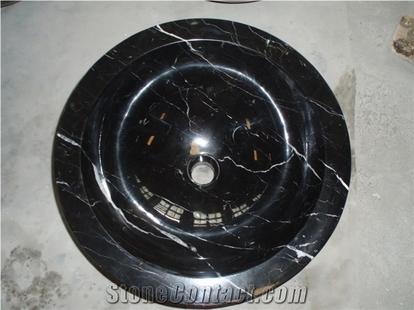 China Nero Marquina Marble Vessel Sink,Oriental Black Round Basin