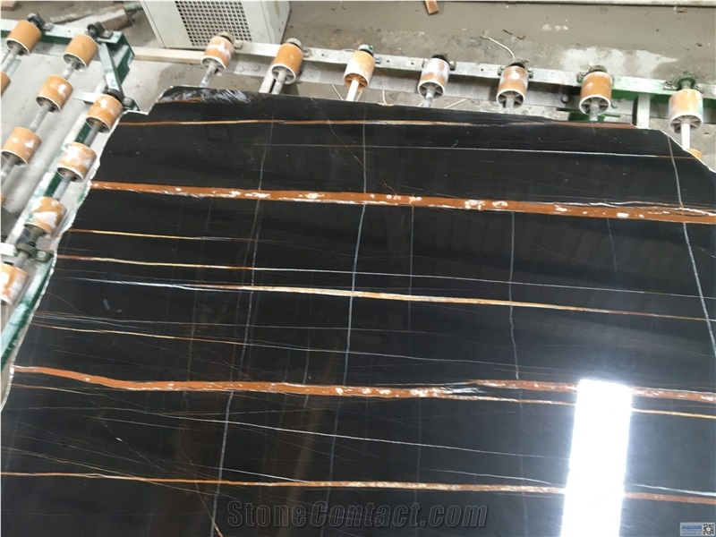 Laurent Black Gold Vein Sahara Noir Marble Slab,Machine Cutting Panel Tile Floor Covering