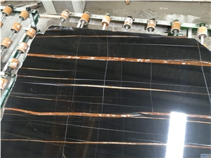 Laurent Black Gold Vein Sahara Noir Marble Slab,Machine Cutting Panel Tile Floor Covering