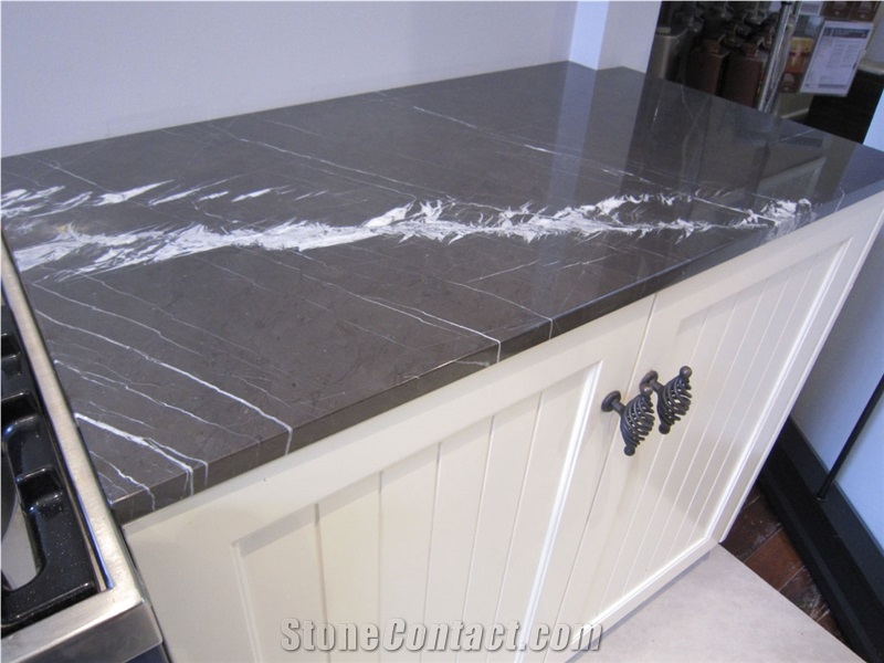 Pietra Grey Marble Kitchen Cabinet Countertops, L Shaped Worktop