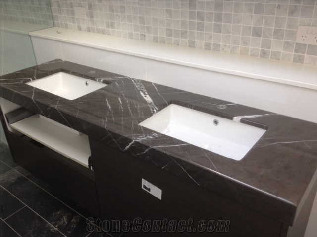 Pietra Grey Marble Modern Vanity Top, Modern Vanity Top With Sink