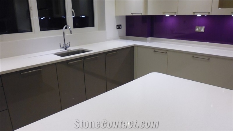 Pure White Quartz Stone Solid Surface L Shaped Kitchen Countertop,Work Top for Home, Interior Stone