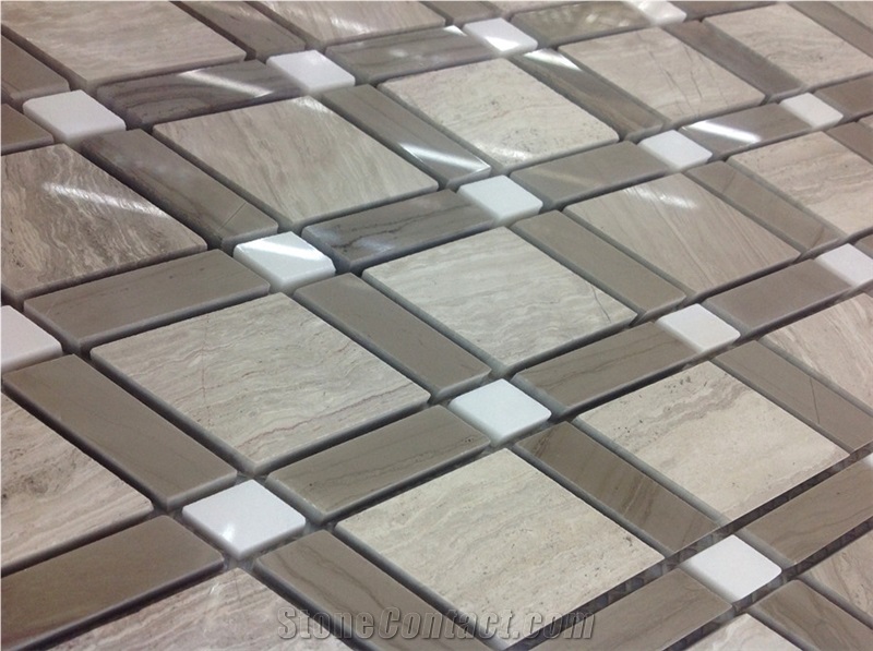 Silver Travertine Mix Grey Wooden Vein Marble Interior Art Mosaic Pattern