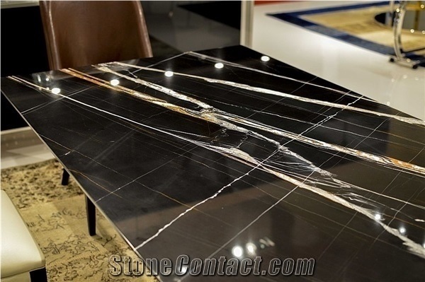 St.Laurent Black Gold Vein Sahara Noir Saint Marble Tabletop,Desk Display on Stone Fair