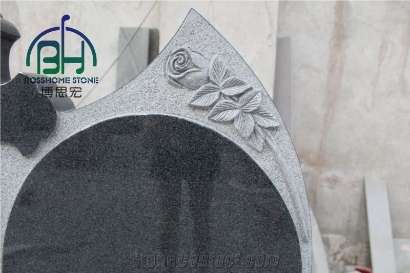 Dark Grey Granite Cross Headstone Flower for Cemetery