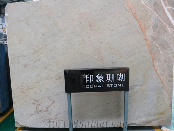 Coral Stone Marble Slab Beige Color with Red Line for Hotel