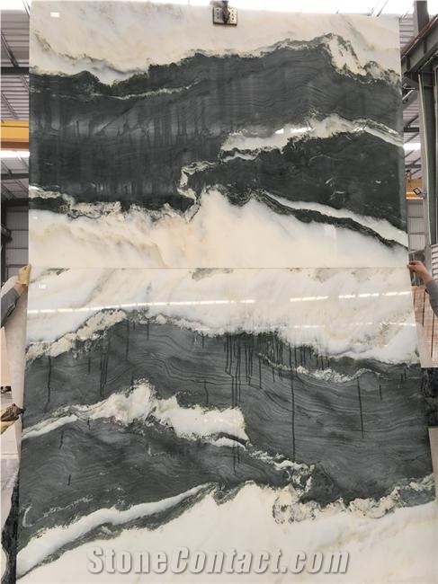 Landscape Painting Marble Bookmatched Pattern Ink White