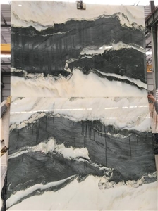 Landscape Painting Marble Bookmatched Pattern Ink White