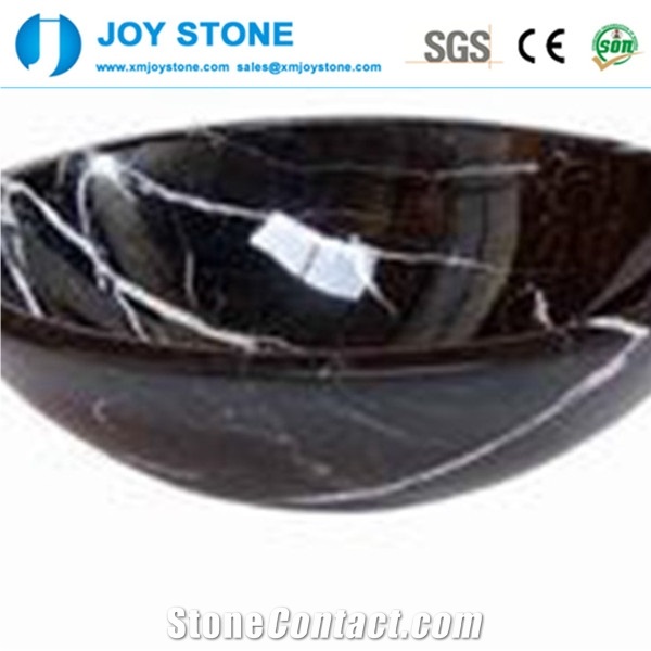 Polished Beijing Nero Black Marble Bowel Shape Bathroom Round Sink