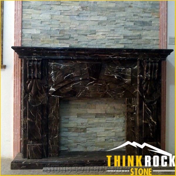 Dark Emperador Brown Marble Fireplace Project Customized