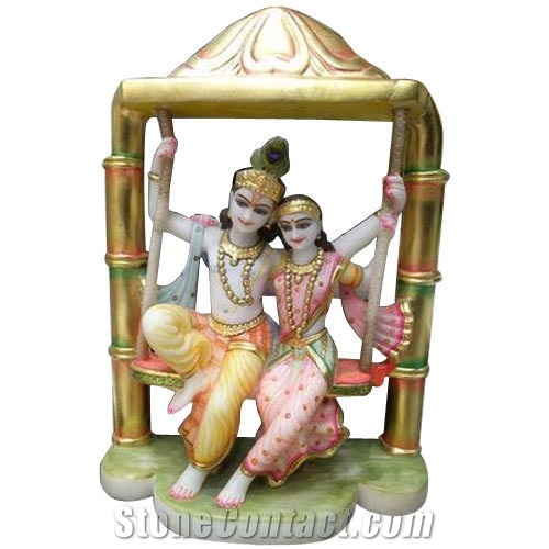 Radha Krishana White Marble Statue with Jhula