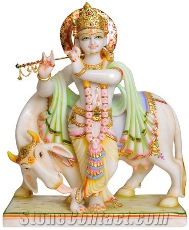 White Marble Krishna Statue with Cow