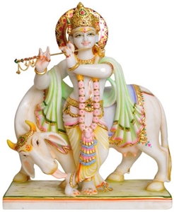 White Marble Krishna Statue with Cow