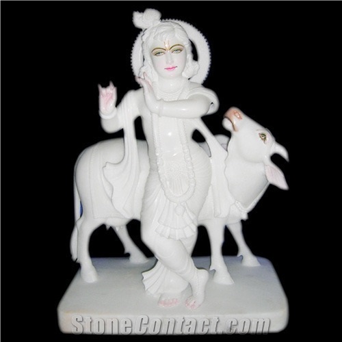 White Marble Krishna Statues with Gau