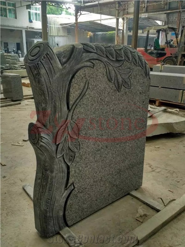 Polished Barry White Granite Single Arch Tombstone Tree Design