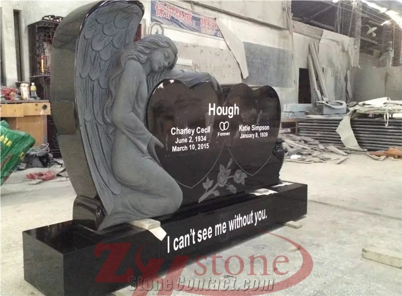 Polished Shanxi Black Granite Double Heart Angel Design Monument