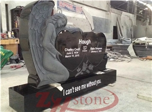 Polished Shanxi Black Granite Double Heart Angel Design Monument