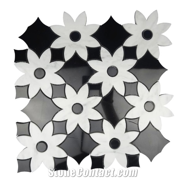 Waterjet Marble Mosaics Tile on Sale,White and Black Flower Pattern