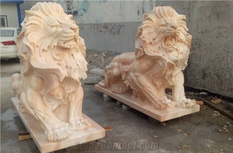 Yellow Marble Handcarved Lion Sculptures Outdoor Animal Statue