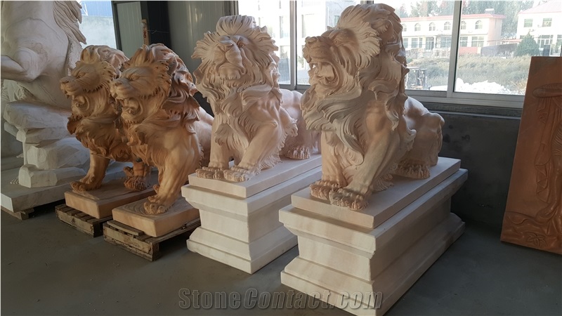 Yellow Marble Handcarved Lion Sculptures Outdoor Animal Statue