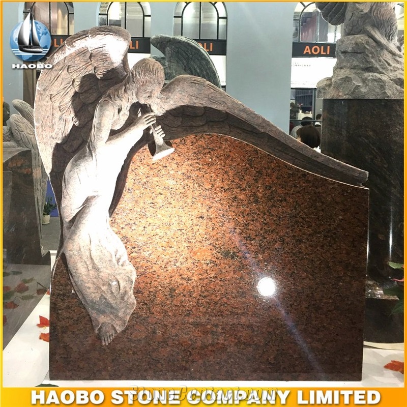 Vanga Red Granite Monument Angel Carved Headstone for Wholesale