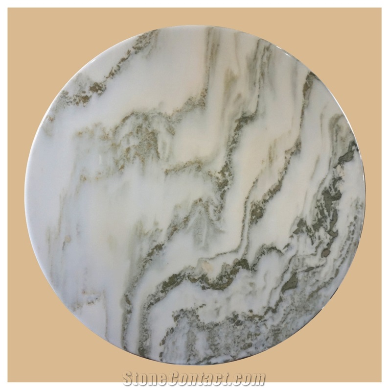 Mountain Bookmatch Landscape Painting White Marble Tabletops