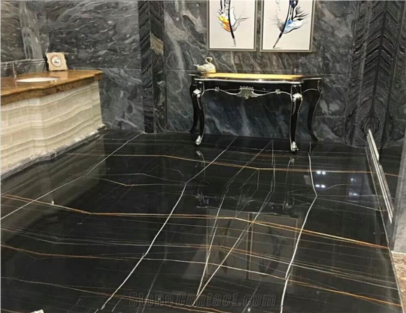 Interior Elegant Lauren Black Gold Marble Slab Tile