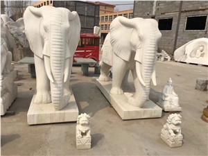 Natural White Marble Hand Carved Elephant Life Size