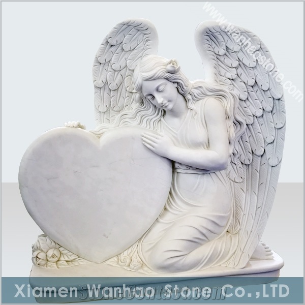China White Marble Angel Heart Monument&Tombstone Engraved Headstones