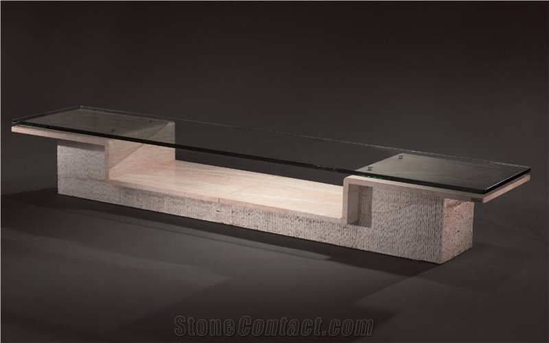 Beige Travertine Grooved Tv Stand Table Furniture,Modern Style Tables