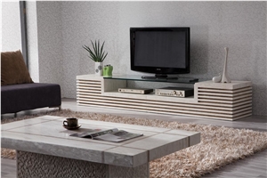 Beige Travertine Grooved Tv Stand Table Furniture,Modern Style Tables