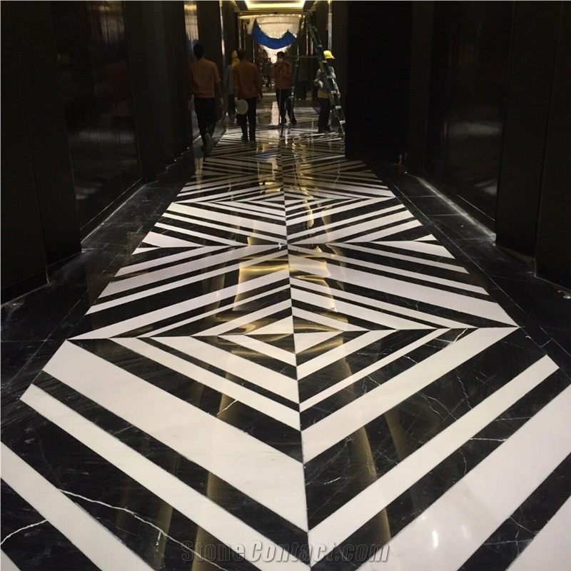 Carrara White and Black Marquina Marble Waterjet Medallions Floor Tile