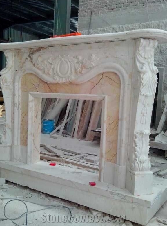 White Marble Flower Handcarved Fireplace Mantel / Fireplace Hearth