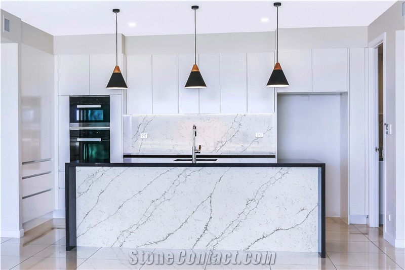 Polished White and Grey Veined Quartz Countertops