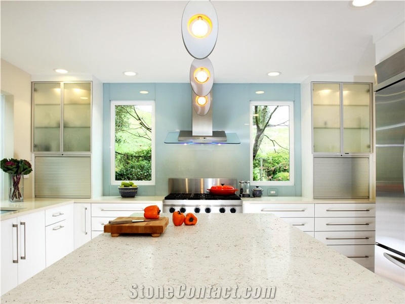 White Stone Marble Looking Quartz Kitchen Countertop