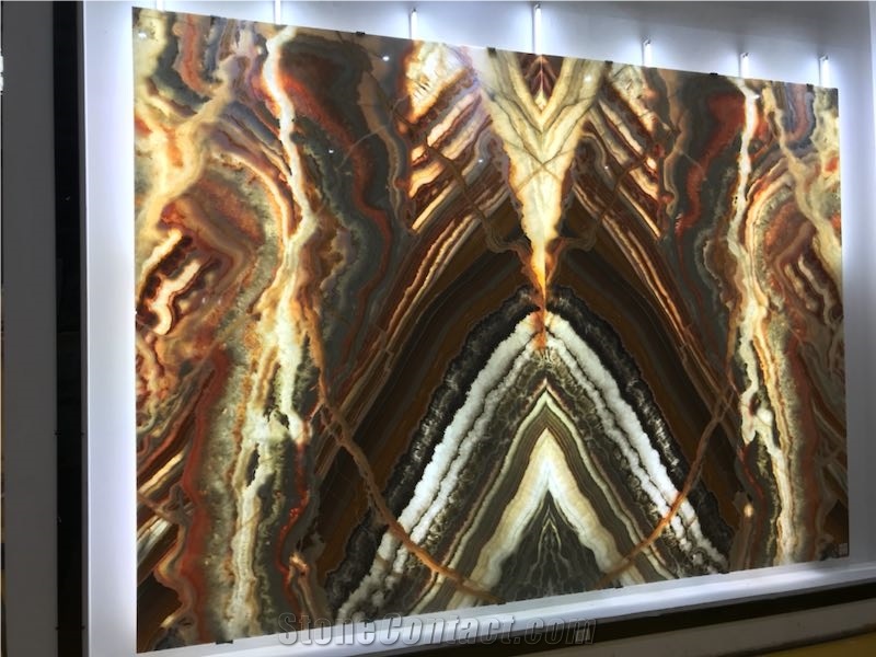 Polished Backlit Rainbow Onyx Red Color with Grey Veins Bookmatched