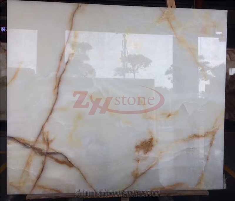 Natural Translucent Panel Slab Tile White Onyx with Gold Veins