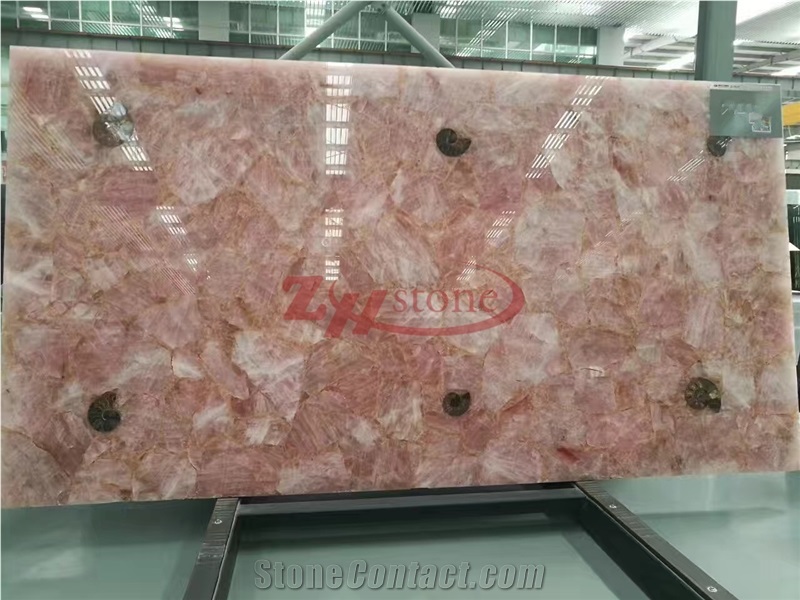 Pink Agate Semiprecious Laminated with Glass for Wine Bar Decoration