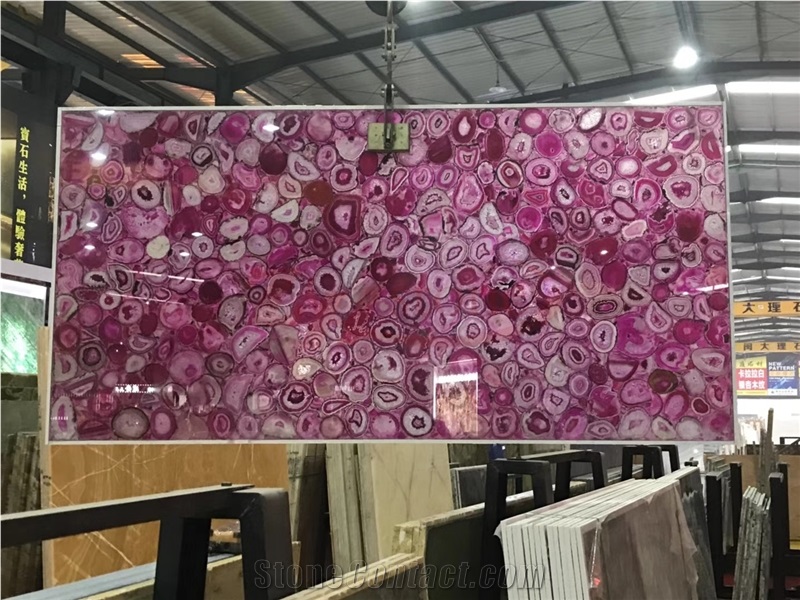 Pink Semiprecious Laminated with Glass for Wine Bar Top