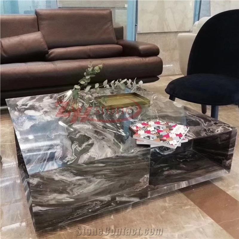 Polished Magma Black Marble Table for Living Room