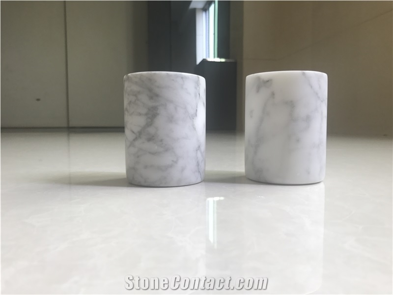 Carrara White Marble Candle Holder,Honed Surface Canister for Bathroom