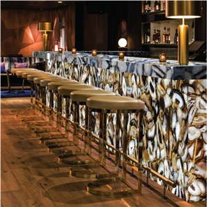 Backlit Light Grey Agate Stone- Gray Gemstone Bar Top