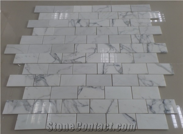 Calacatta White Statuario Carrara Marble Subway Mosaic Brick Wall
