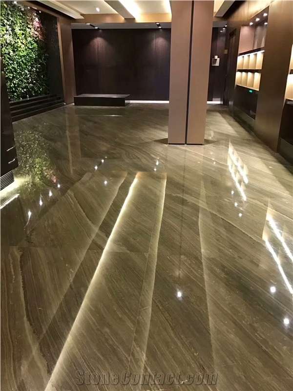 Coffee Wood Marble Lobby Floor Covering Polished Large Slab