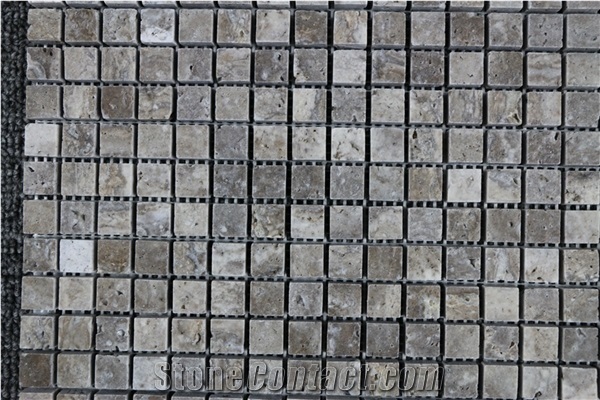 Iran Gray Travertine Polished Chipped Marble Mosaics, Tiles for Wall