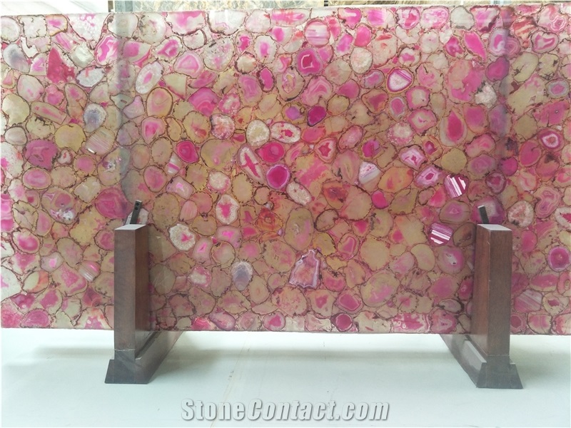 Pink Semiprecious Stone Tiles,Backlit Stones,Kitchen Countertops Usage