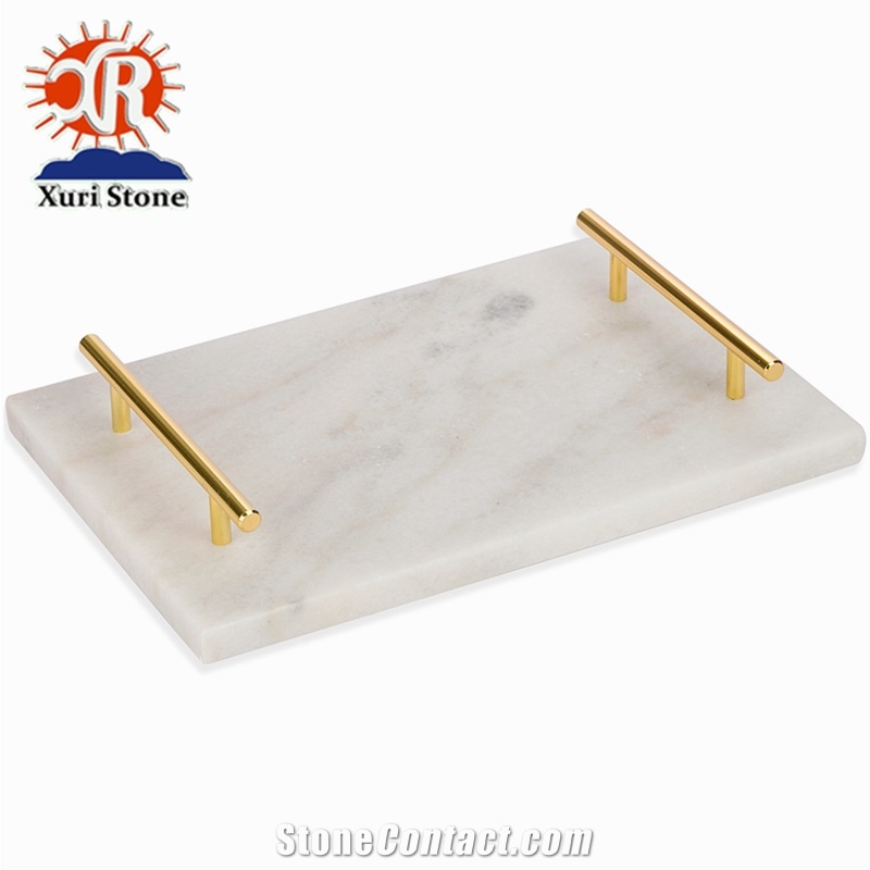 Natural White Carrara Marble Tray, Marble Vanity Tray With Gold Handles