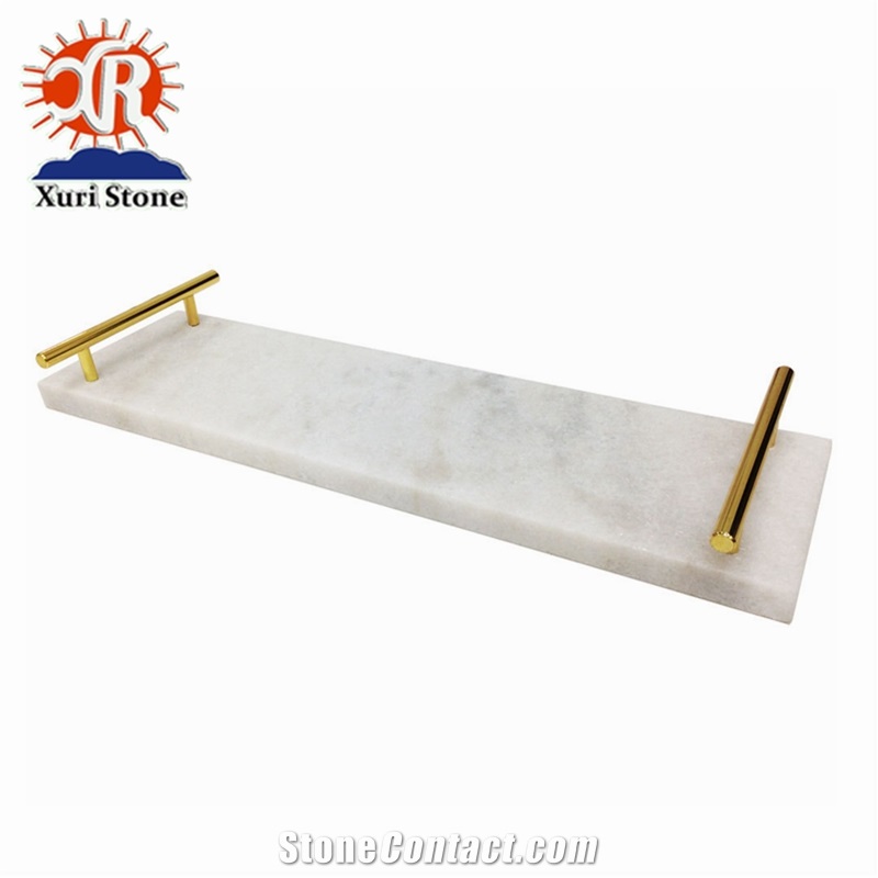 Natural White Carrara Marble Tray/Plates with Gold Handles for Hotel